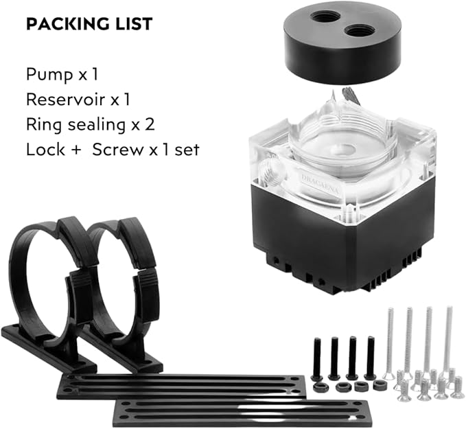 dracaena.io High Flow 650L/H PC Water Pump Combo with Colorful LED and 125ml 100mm (3.8in) Reservoir – 12W, 0.7A, 65mm x 65mm x 165mm (2.6 x 2.6 x 6.5in), Black