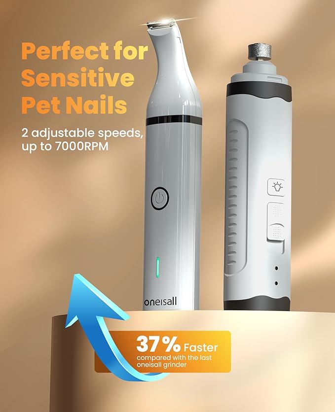 oneisall Dog Nail Grinder and Paw Trimmer Kit 3 in 1 Quiet Rechargeable Electric Pet Nail Grinder with 2 LED Lights and Cordless Dog Grooming Safe Clippers