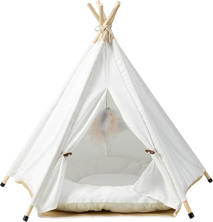 The Cat Ladies Cat Teepee - White Small Dog Tent Bed with a Soft Inner Cushion - Indoor Pet Teepee with Wooden Poles for Cats Dogs Rabbit and Bunny - with Feather Toys