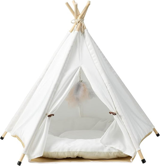 The Cat Ladies Cat Teepee - White Small Dog Tent Bed with a Soft Inner Cushion - Indoor Pet Teepee with Wooden Poles for Cats Dogs Rabbit and Bunny - with Feather Toys