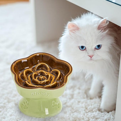 S&Q's CERAMICS Raised Slow Feeder Cat Bowl, Ceramic Elevated Cute Pet Food Bowl Small Dogs Slow Feeder, Flower Shaped Cute Cat Dish for Dry and Wet Food (Brown, 5.8")
