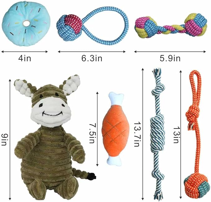 Dog Toys 7 Pack for Fun and Teeth Cleaning, Puppy Chew Toys Pack with Cute Donkey Squeaky Toys, Durable Ropes Chew