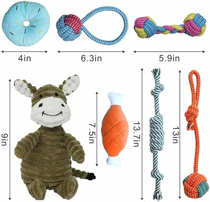 Dog Toys 7 Pack for Fun and Teeth Cleaning, Puppy Chew Toys Pack with Cute Donkey Squeaky Toys, Durable Ropes Chew