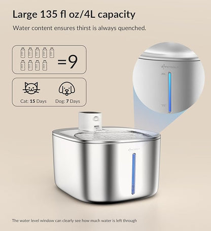 Wireless Cat Water Fountain Stainless Steel,135floz/4L Battery Operated Automatic Pet Fountain,Cordless Cat Water Dispenser Pet Drinking Water Fountain for Multicat Cats Dog Outdoor