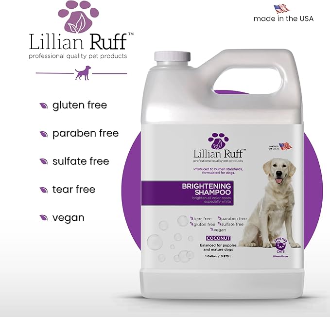 Lillian Ruff PRO Formula Ultra Brightening Dog Shampoo - Professional Whitening & Long-Lasting Odor Eliminator, Remove Stains & Discoloration, Dry Skin & Itch Relief with Aloe & Provitamin B5 (Gallon)