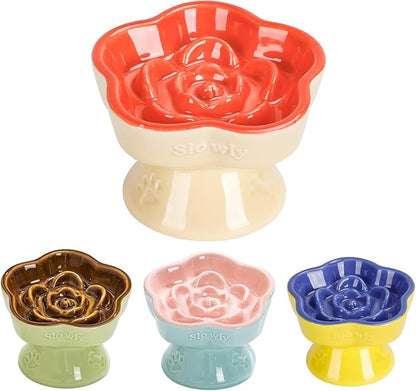 S&Q's CERAMICS Raised Slow Feeder Cat Bowl, Ceramic Glass Elevated Pet Food Bowl Small Dogs Slow Feeder, Flower Shaped Cute Dish for Dry and Wet Food (Orange, 5.8")