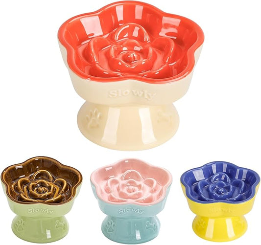 S&Q's CERAMICS Raised Slow Feeder Cat Bowl, Ceramic Glass Elevated Pet Food Bowl Small Dogs Slow Feeder, Flower Shaped Cute Dish for Dry and Wet Food (Orange, 5.8")