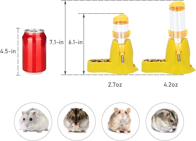 3 in 1 Hamster Hanging Water Bottle Pet Auto Dispenser with Base for Dwarf Hamster Mouse Rat Hedgehog (80ML, Yellow)