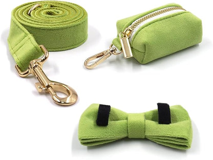 Personalized Velvet Dog Collars with Pet Name Phone Number Engraved, Custom Adjustable Soft Collar with Metal Buckle for Small Medium Large Dogs, Dog Leash and Bow Tie Available -Green