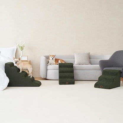 EHEYCIGA Curved Dog Stairs Ramp for High Beds 22.6" H, 5-Step Dog Steps for Small Dogs and Cats, Pet Stairs for High Bed Climbing, Non-Slip Balanced Pet Step Indoor, Military Green