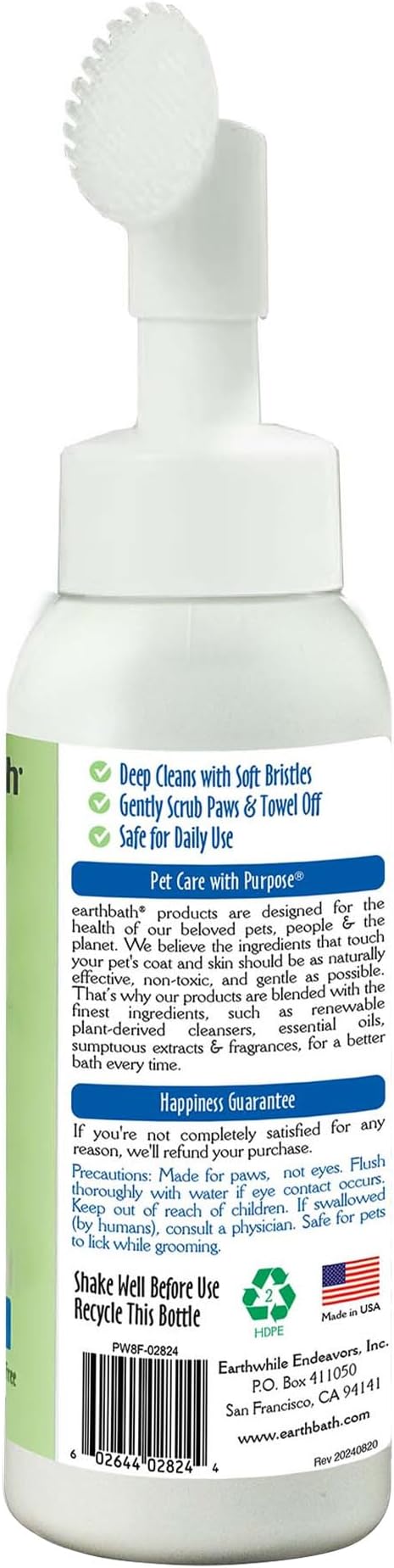 earthbath Paw Wash with Scrubber Brush - No Rinse Dog & Cat Paw Cleaner, Waterless Pet Foot Washer for Small, Medium, & Large Dogs, Helps Dry & Itchy Paws, Cruelty-Free - Avocado & Calendula, 8 fl oz