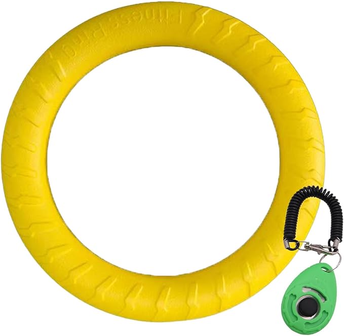 Dog Training Ring - Pet Fun Training Set of Yellow Interactive Dogs Ring and Green Pet Training Clicker,dogtraining Toy/Dog chew Toy for Aggressive chewers,Medium-Sized/Large