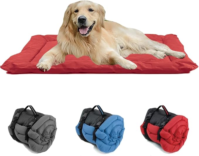 YOFANG 36"x25" Outdoor Travel Dog Bed,Portable Crate Mat Waterproof Anti-Slip, Kennel Pad Washable,Pet Camping Beds Ripstop 1200D Nylon Fabric,Easy to Clean for for Large Medium Dogs or Cats,Red