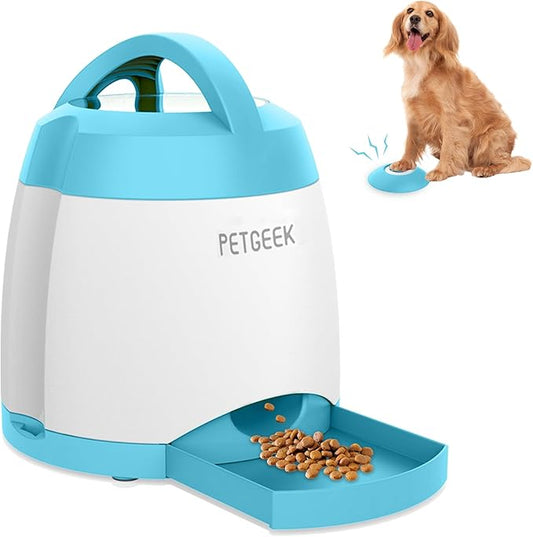 PETGEEK Automatic Dog Feeder/Treat Dispenser with Rechargeable Button Remote Control, Interactive Dog Food Puzzle & Stimulation Toys, 400ml Capacity Pet Dispensing Toy for Indoor/Outdoor Play