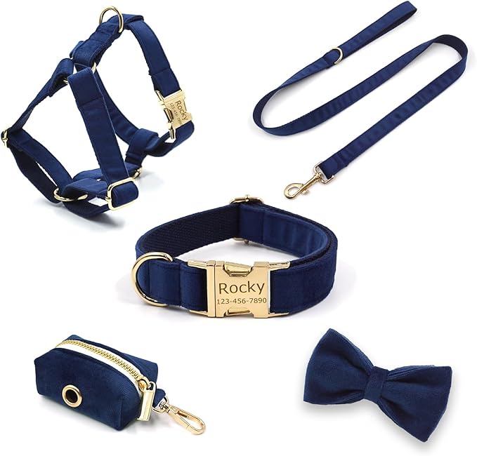 Personalized Velvet Dog Collars with Pet Name Phone Number Engraved, Custom Adjustable Soft Collar with Metal Buckle for Small Medium Large Dogs, Dog Leash and Bow Tie Available -Dark Blue