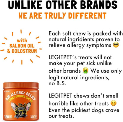 Allergy Relief Chews for Dogs & Immune & Digestive Supplement with Wild Salmon Oil Kelp Colostrum Turmeric Probiotics & Bee Pollen for Seasonal Allergies Anti Itch, Skin Hot Spots 120 Soft Treats
