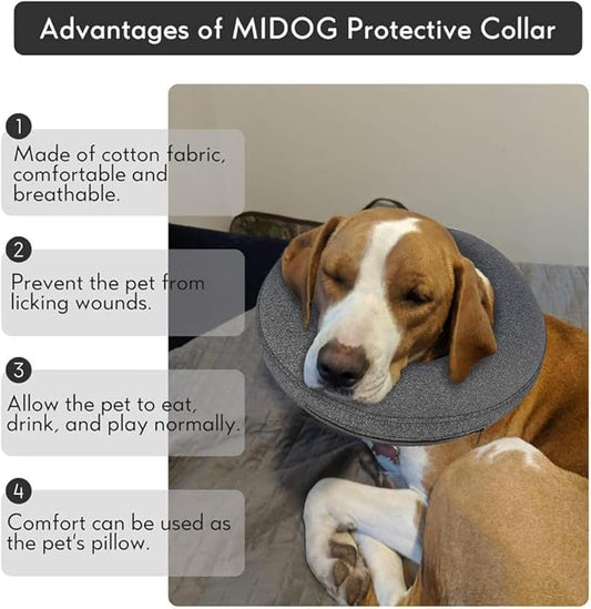 MIDOG Dog Cone - Inflatable Soft Donut Collar Alternative for Dogs After Surgery, Protective Recovery Collar Prevents Licking, Comfortable E-Collar Alternative for Small Medium Large Dogs (Gray, M+)