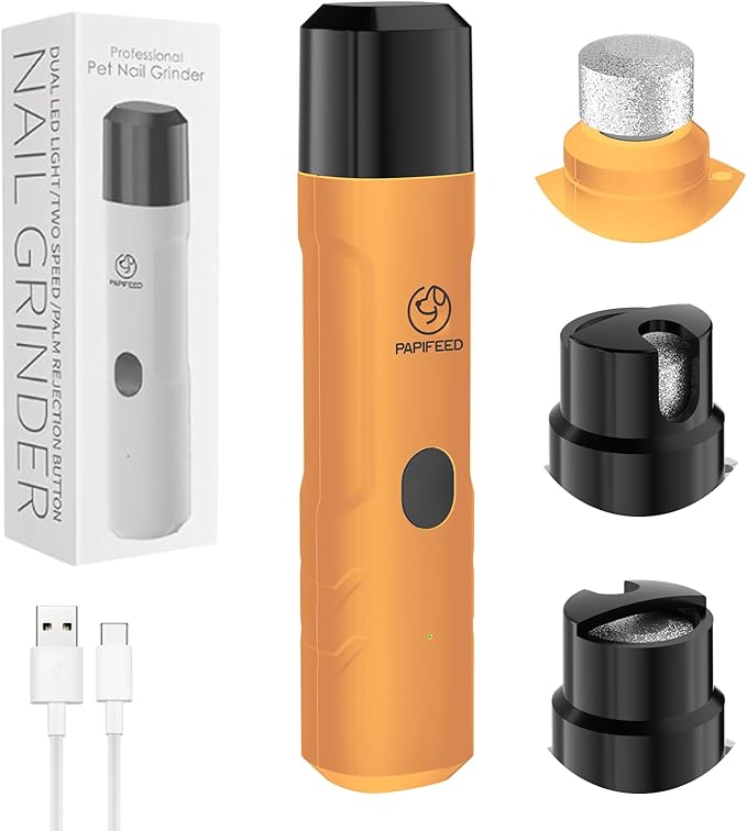 PAPIFFEED Dog Nail Grinder Upgraded with 2 LED Lights, 3-Speed Rechargeable & Quiet - Upgraded Electric Pet Nail Trimmer for Small Medium Large Dogs & Cats, Painless Paws Grooming Tool - Orange