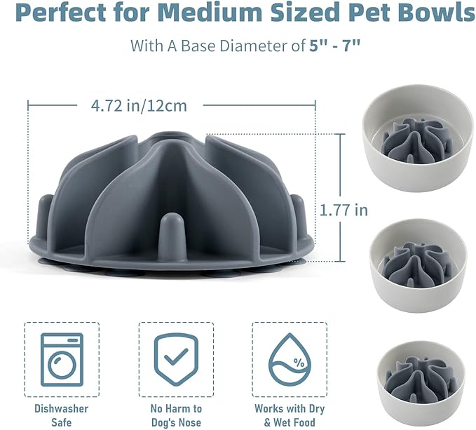 Jaoul Slow Feeder Dog Bowls Insert, Puzzle Slow Feeder Insert with 30 Octopus Suction Cups for Small Medium Large Size Dog Food Bowl (4.72 inch, Grey)