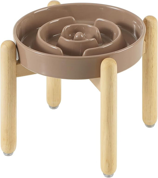 Ceramic 3.2 Cup Raised Slow Feeder Dog Bowl Set, Elevated Bowl with Wooden Stand for Large Dog, 9.5inch Puzzle Slow Pet Food Dish, Anti-Gulping(Brown Coffee, Single Bowl+ Stand)