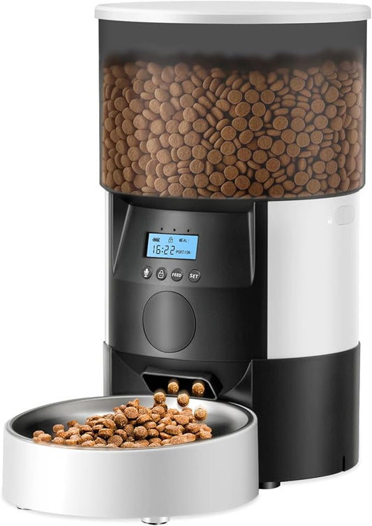 Ducksky Automatic Cat Feeder, 3L Timed Dog Food Dispenser, Auto Dry Food Feeders for Pets, Programmable Portion Control, 4 Meals/Day, Dual Power Supply, 10s Voice Recorder (White and Black - Basic)