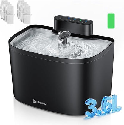 Cat Water Fountain, 122oz/3.6L Pumpless Wireless Cat Fountain, Cordless Water Fountains for Cats Indoor, Dog Pet Water Fountain Battery Operated with Stainless Steel Tray (Black, Fountain+8 Fliters)
