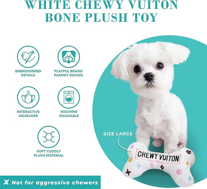 Haute Diggity Dog White Chewy Vuiton Bone, Plush Designer Dog Toys with Interactive Squeaker, Stimulating Pet Enrichment, Machine-Washable & Safe Materials for All Breeds, Size Large
