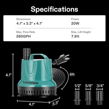 VIVOSUN 260GPH 20W Submersible Water Pump for Fish Tank, Pond, Aquarium, Hydroponic Systems with 6ft Power Cord and 3 Outlet Adapters, Blue