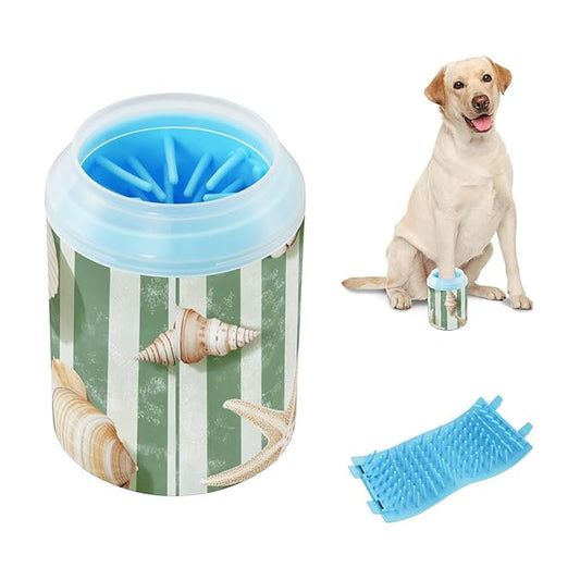 Dog Paw Cleaner Cups for Dogs Pets Foot Washer Paw Scrubber for Medium Small Dogs Cats Cleaning Cup Green and White Stripes Starfishes and Seashells