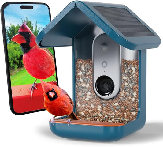 Birdbuddy PRO Solar Smart Bird Feeder with Camera - AI Bird Species Identification, 5MP Photos, 2K HD Video Live Stream Camera, Slow-Motion Video, 2.6in Focus - Blue Solar