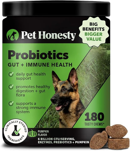 Pet Honesty Probiotics for Dogs - Digestive Enzymes Promotes Gut Health, Dog Probiotics for Bowel Support, Fiber for Regularity, Prebiotics for Immune Health & Gut Flora (Pumpkin, 180 ct)