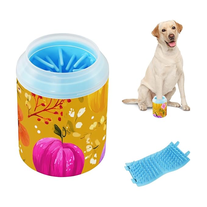 Dog Paw Cleaner Mudbuster Dog Foot Washer for Small Medium Large Dogs Cats Premium Pet Supplies Yellow Thanksgiving Pumpkin and Flowers