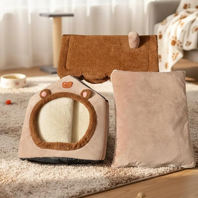 Cat Bed Cave, Cute Bear Shape Cat Beds for Indoor Cats, Cat House Cat Tent with Removable Cushion Pillow, Cat Condo Cat Cave for Kittens Puppy Small Dogs (Brown, 17.7 * 15.7 * 17.7 in)