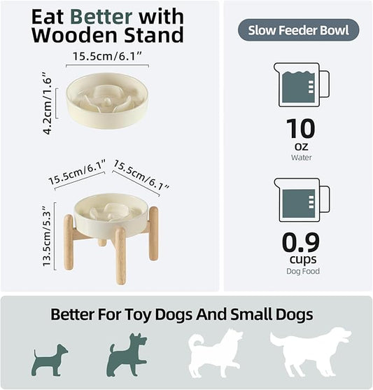 Ceramic 0.9 Cup Raised Dog Slow Feeder Set, Elevated Bowl with Wooden Stand for Small Dog and Cat, 6.1inch Puzzle Slow Dog Food Dish, Anti-Gulping(Beige, Single Bowl+ Stand)