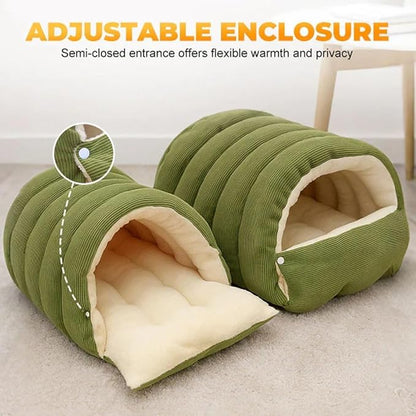 Winter Cave,Warmth Cozy Comfort Plush Pet Cave,Cute Cozy Safe Hideaway Cat Bed with Removable Cushion,Warm Soft Removable Washable for Cats and Dogs (Green, M：17.71 * 11.81 * 7.48 in)