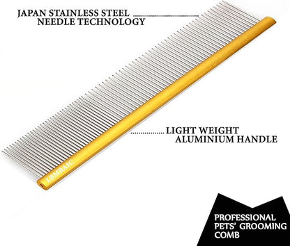 Professional Dog Grooming Comb for Shedding, Tangles, Knots, and Mats - Metal Gold Dog Comb with Long and Wide Tooth for Long Hair Dogs and Cats - No Hurt Pets Skin - 7.5INCHES - 1PC