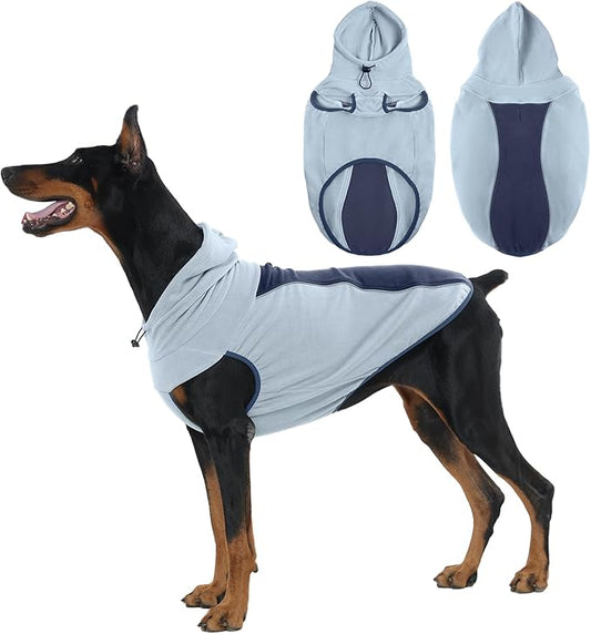 Fleece Dog Sweater - Stretch Warm Dog Fleece Jacket Vest Sweatshirt with Hood, Leash Hole, Sleeveless & Reflective - Soft Pullover Hoodie for Medium Large Dogs, Fall & Winter Walks - Blue 4XL