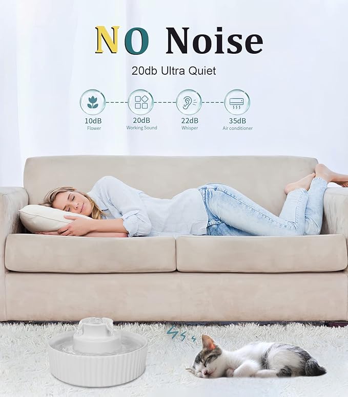 Ceramic Cat Water Fountain, Pet Ceramic Water Fountain Dispenser, 2.1 L Drinking Fountains Bowl for Cats and Dogs with Replacement Filters and Foam(White)