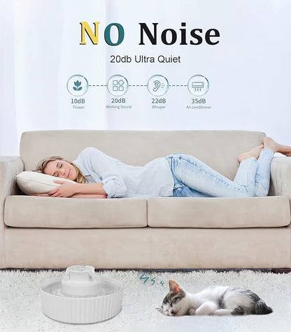 Ceramic Cat Water Fountain, Pet Ceramic Water Fountain Dispenser, 2.1 L Drinking Fountains Bowl for Cats and Dogs with Replacement Filters and Foam(White)