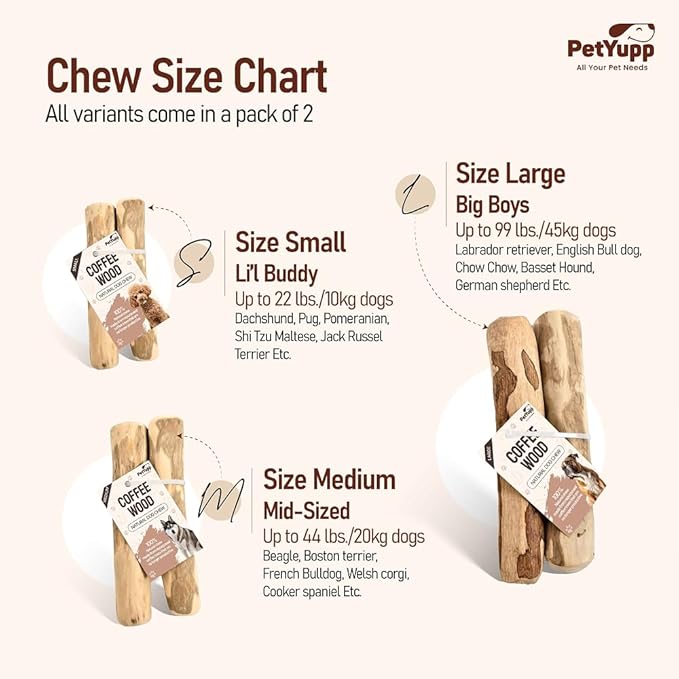 Natural Coffee Wood Dog Chew Large, 2 Count - Promotes Dental Health, Reduces Tartar & Chewing Exercise for Aggressive Chewers, Small, Medium & Large Dogs - Safe Chew Toy for Puppy