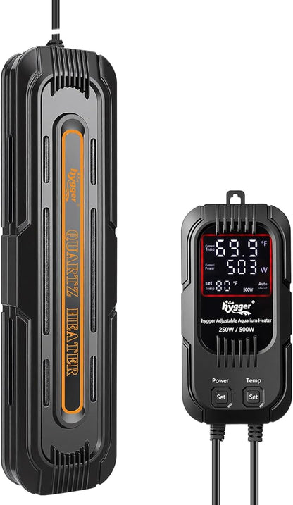 hygger Aquarium Heater, 500W/1000W Adjustable Power Fish Tank Heater with Digital Display External Controller, Automatic Power-Off Protection Heater for 106-211 Gallons Freshwater and Saltwater Tank