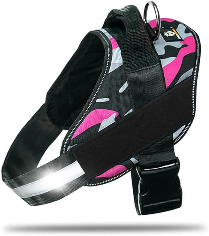 Non Pull Dog Harness with Patch Panels and Handle, Adjustable, Reflective, No Choke, Heavy Duty Easy On Service Dog Vest Harnesses for Medium Large Small Sized Dogs - Camouflage Pink, L