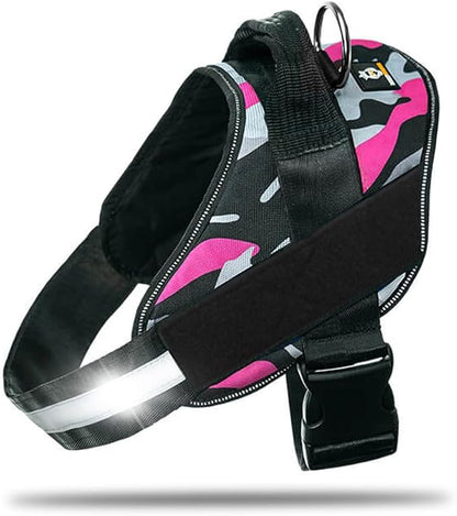 Non Pull Dog Harness with Patch Panels and Handle, Adjustable, Reflective, No Choke, Heavy Duty Easy On Service Dog Vest Harnesses for Medium Large Small Sized Dogs - Camouflage Pink, L