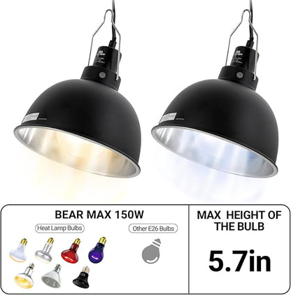CAVACHEW 2 Pack Reptile Light Fixture, 8.5in Deep Dome Reptile Lamp Fixture, Optical Reflection Cover, Separate Switch & Hook, Terrarium Light Fixture for Reptile Heat Basking UVB Bulbs, 150W, Black