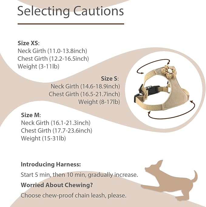 Small Dog Harness with Leash and Flower, Cute Breathable Puppy Harness Easy for Walking, No Pull No Choke Escape Proof Pet Harness, Brown S