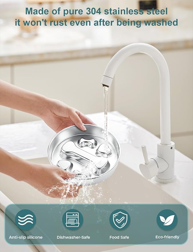 Slow Feeder Dog Bowls，8.2-inch Diameter Dog Slow Feeder Bowl，304 Stainless Steel Heavy Duty with Non-Slip Rubber Base，4Cups Capacity for Medium & Large Dogs to Slow Down Eating