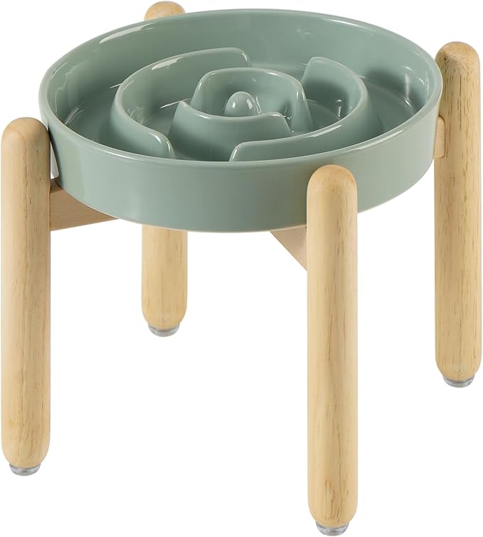 Ceramic 1.6 Cup Raised Slow Feeder Dog Bowl Set, Elevated Wooden Stand for Medium and Large Dog, 8.2inch Puzzle Slow Dish, Anti-Gulping(Light Green, Single Bowl+ Stand)