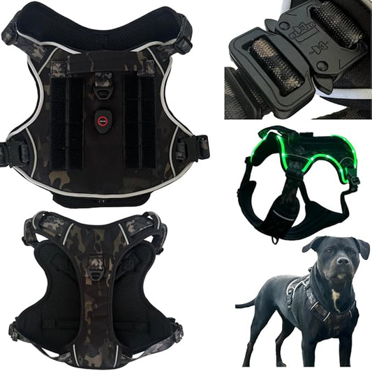 Ragnarok Multicam Black Tactical Dog Harness with LED Light, MOLLE Panels, Durable Luxury Vets, Service Dog Vest Small, Medium, XL, XXL Dogs