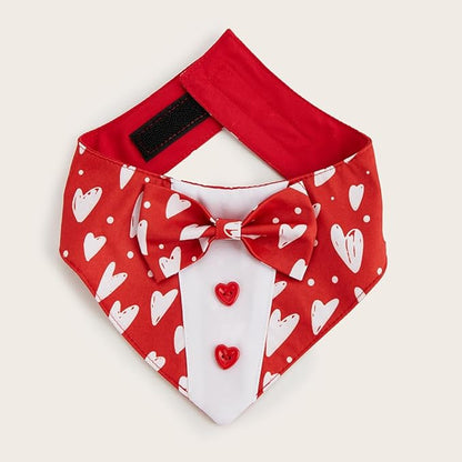 HDGDT Valentine Dog Tuxedo Bandana with Bow Tie, Adjustable Tuxedo Style Heart Pattern Pet Costume for Dogs, XS to XL