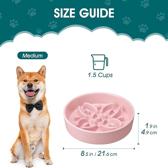 vancasso Ceramic Slow Feeder Dog Bowls, Puzzle Dog Food Bowls with Floral Maze, Anti -Slip Pet Food Dish for Medium Breed, 1.5 Cups, Pink